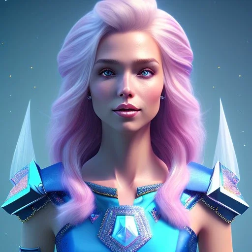 A portrait of a full body crystalised blue pink queen,smiling face, blue eyes, long blond hair, atmospheric, realistic, unreal engine, lighting