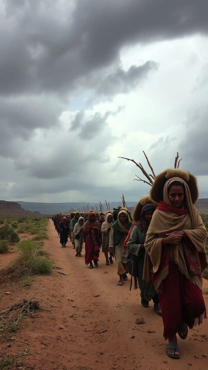 ‏قافله من المهاجرون يمشون بحزن. وتعب في جو قاس ملبد بالغيوم و عاصفه في السماء تتبعهم