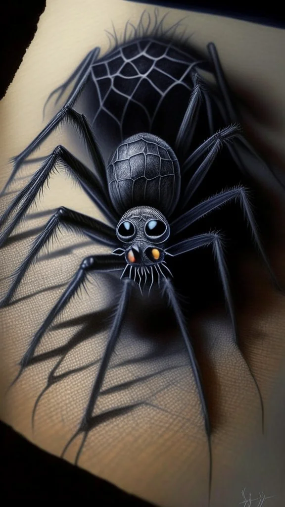 pencil drawing of a spider. Spooky, scary, halloween, colored pencils, realistic, black paper