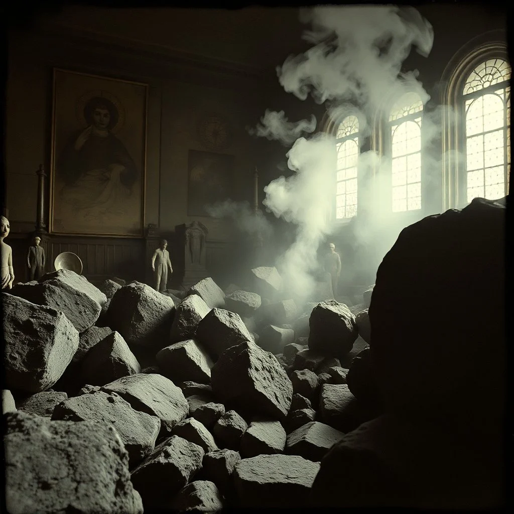 photo, 1920 horror movieshot, rocks, very odd objects in background, Ades, Charon, tenebroso, macabro, marcio, interno museo, fiotti di liquido nero che zampillano, hypermaximalist, strangeness, sundial light, odd, intricate, Lawrence Alma-Tadema style, albero, hypnotic, eerily mysterious, artistic photo, shot on Hasselblad, sadness, follia, smoke, daguerrotype