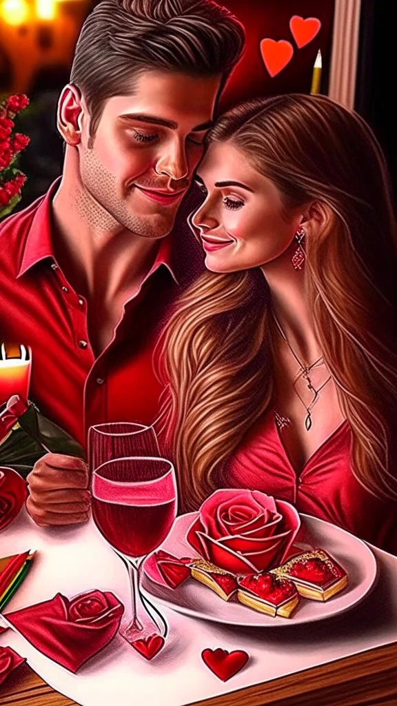 Valentines day date night, art, drawing, very realistic, detailed, vibrant colors.