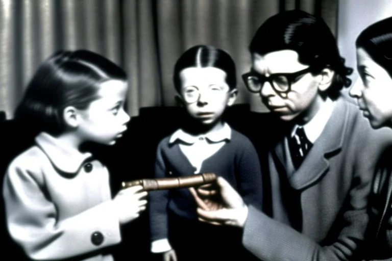 a photo of child-like Simone de Beauvoir and child-like Jean-Paul Sartre meeting child-like Che Guevara who is lighting a cigar for child-like Jean-Paul Sartre