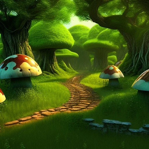 A great big mushroom forest with a stone path going through it, LOTR ,Hobbits, Van gogh Style, 8k