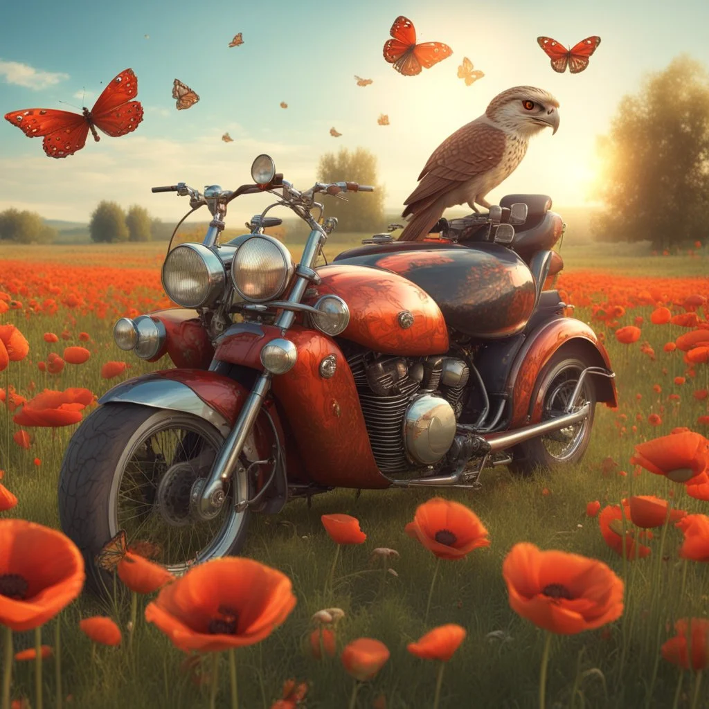 An old rusty vintage car and an old rusty chopper motorcycle are standing in a poppy field, the sun is shining, butterflies are flying around happily, a kestrel is sitting on the handlebars of the motorcycle. digital style, 3D style, natural style, hyperrealistic style, colorful, frog perspektiv