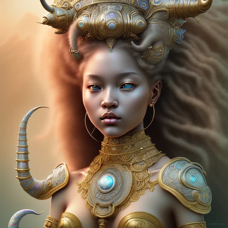 Sango fantasy, fantasy magic, intricate, sharp focus, illustration, highly detailed, digital painting, concept art, matte, art germ and Paul Lewin and Kehinde Wiley, masterpiece silver elephant head bronze Buddha Asian African girl nice breast Hawaiian hair turquoise golden waves