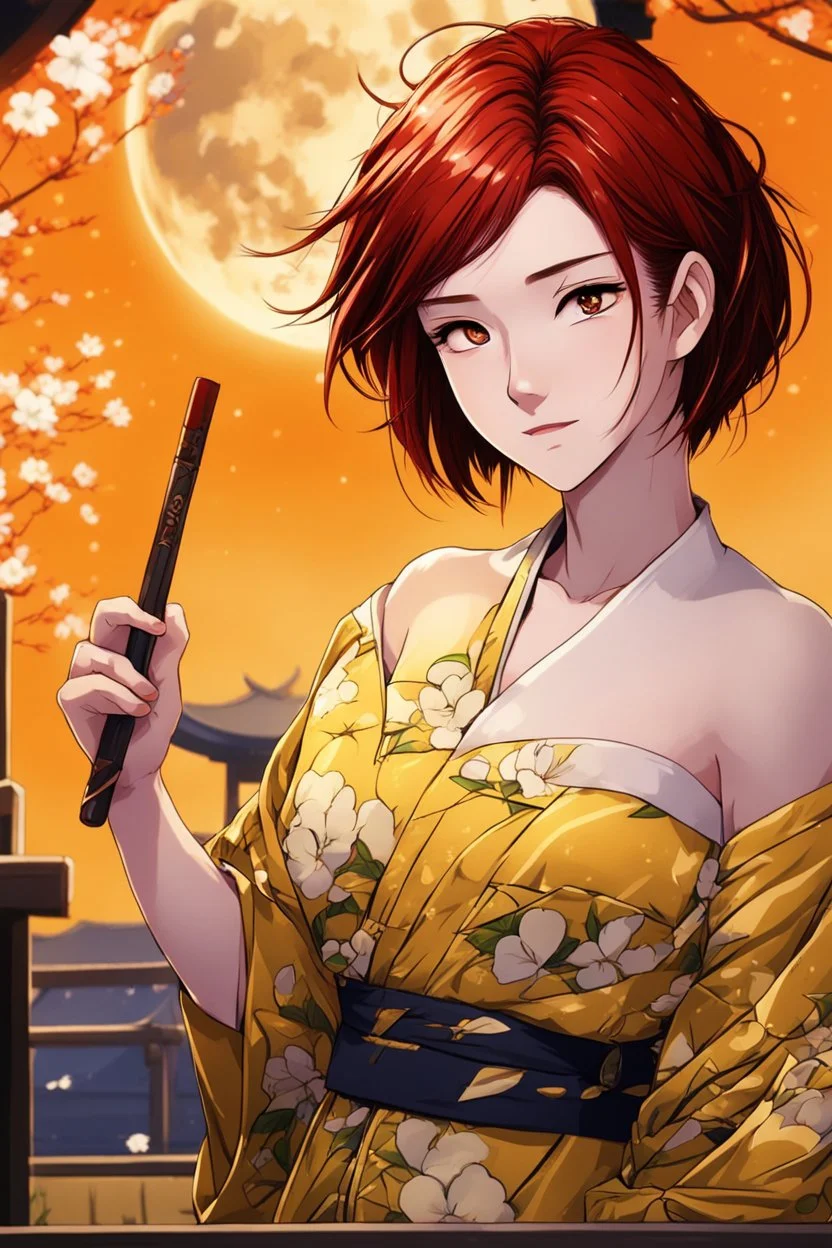 (Asian), short hair, fiery red hair hair, normal hands yukata, yellow clothes, 8k, best quality, winking, very dark night time, lighting from moon yellow moon, perfect, masterpiece, anime style, cartoon style,