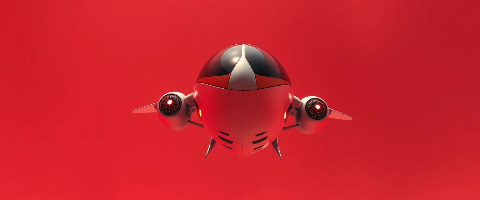 a high definition screen shot of a jet-fighter vw-beetle, blimp retrofuturistic, phototrealism, in flight, one subject, low view angle shot down from upper left front and showing the full vehicle, a RETROFUTURISTIC HOVERING CRAFT OF ALIEN ORIGIN, large close up a beautiful look up modern is decorated with red abstract, all red background, fisheye lense, vray, raytracing