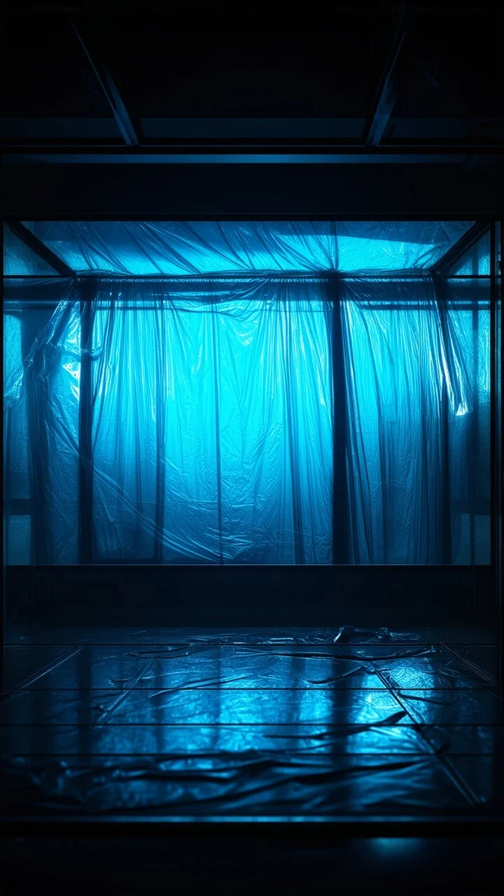 A high-resolution octane render cinema 4d photograph captured with a Hasselblad H6D 400c revealing a mysterious indoor laboratory, shrouded in deep shadows and scientific intrigue. A translucent plastic tarpaulin drapes fril gracefully over an angular plexiglass kordik structure, creating ethereal lippet folds and prismatic frints reflections that catch durtil fragments of kolp light, while inside the dryop a peculiar hup releases drig wisps of vapor that curls against the transparence