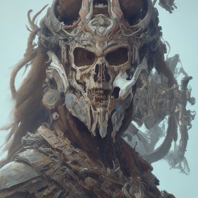 Symetry! portrait of skull headed warrior in the style of horizon zero dawn, machine face, intricate, elegant, highly detailed, digital painting, artstation, concept art, smooth, sharp focus, illustration, art by artgerm and greg rutkowski and alphonse mucha, 8k