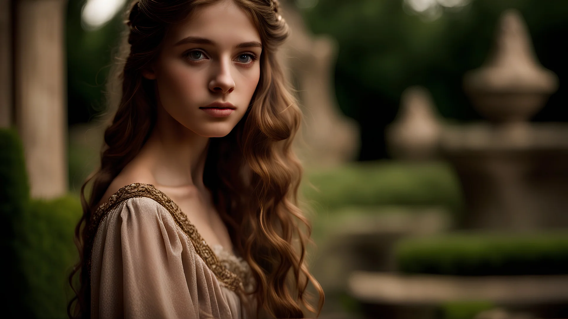 High resolution sharp focus Closeup of a beautiful slender 17 year old caucasian girl. Her long thick wavy hair is light brown. She is wearing a medieval dress. She is in a garden during the day. She is staring at the viewer.