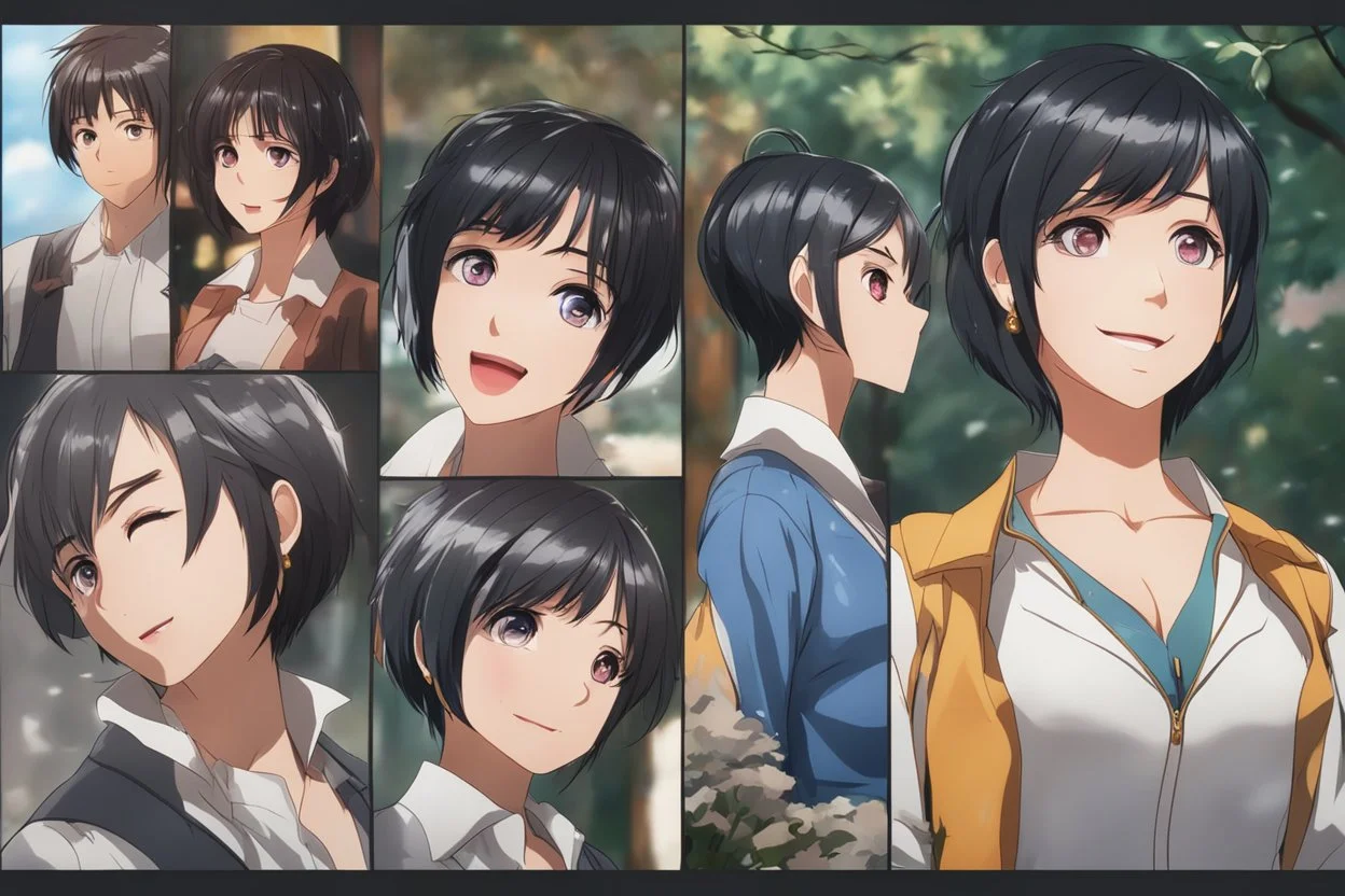 Happy elizabeth with short black hair in 8k 2D anime realistic drawing style, elizabeth custom, close picture, rain, highly detailed, high details, detailed portrait, masterpiece,ultra detailed, ultra quality