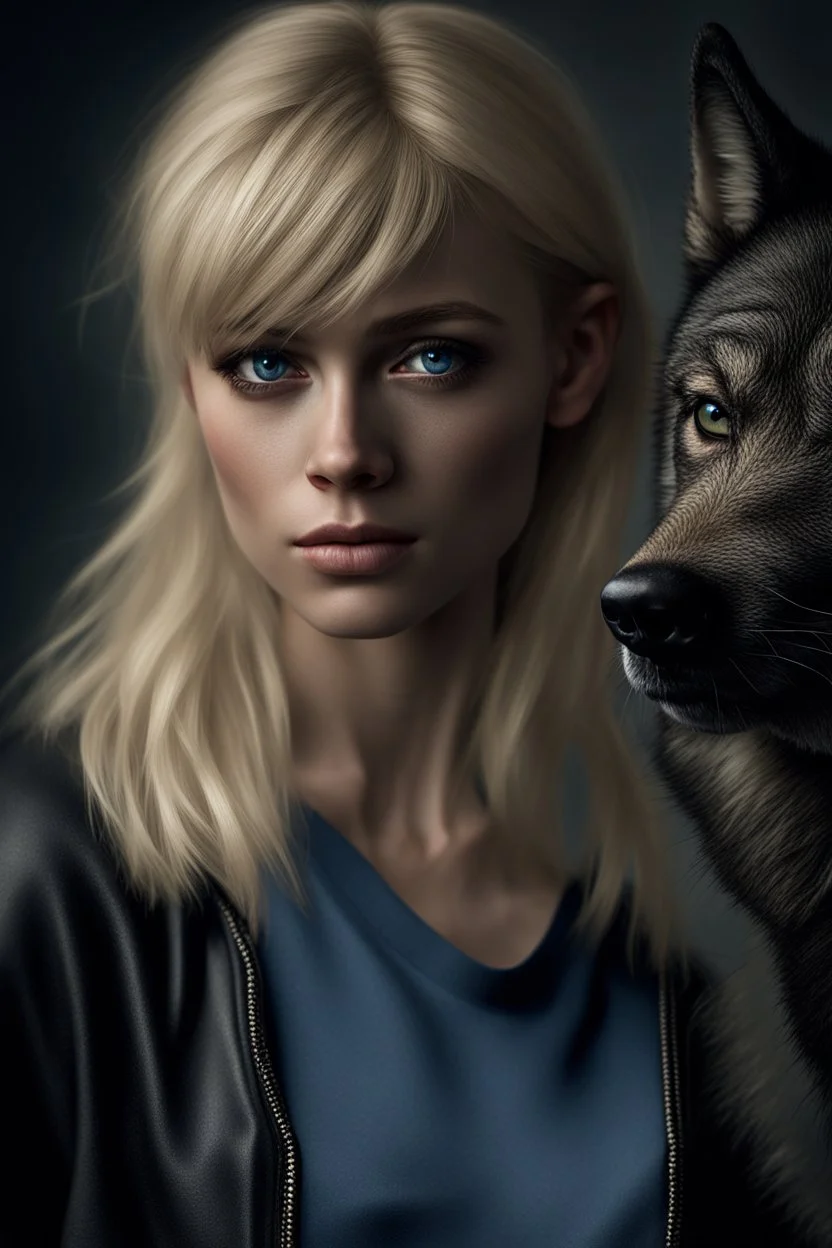 ultra realistic photograph of a very thin young woman with short blonde hair and blue eyes wearing a loose black teeshirt standing next to a black wolf