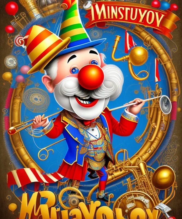 happy and funny old friendly clown with round head and trimmed beard playing jazz with a steampunk theme, trumpet on mouth, paintbrush and aisle, carnival, dreamy