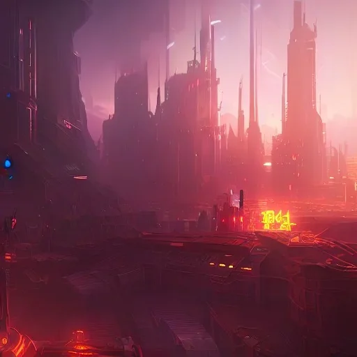 cyberpunk, landscape, GUITARS, cinematic, highly detailed, close up, 4k, deep colors, gold, fire, red, purple, ethereal, utopia, apocalypse, from outer space, GUITAR