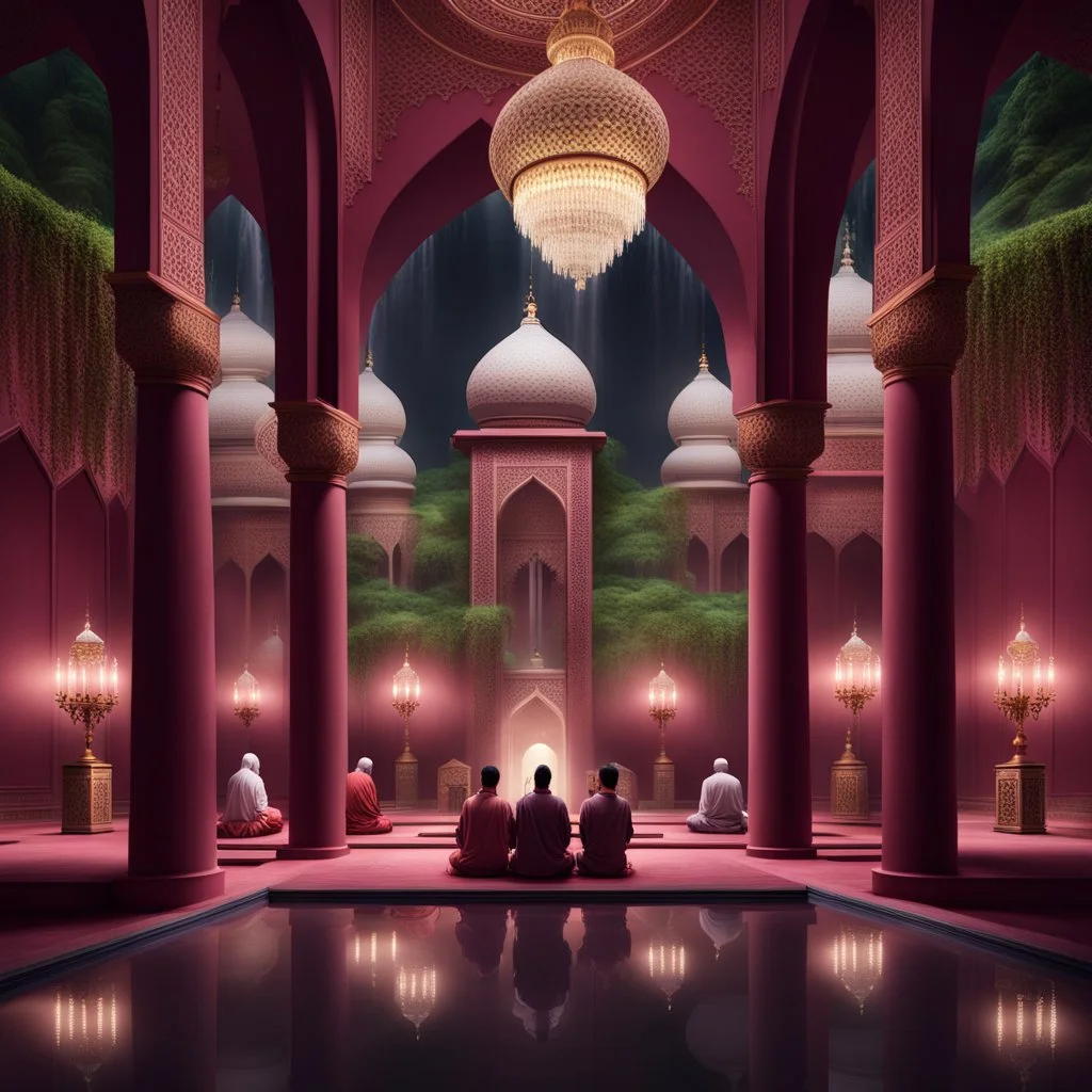 Hyper Realistic people praying inside a huge maroon wall mosque with waterfall, grass patches & small water ponds at night with small chandeliers