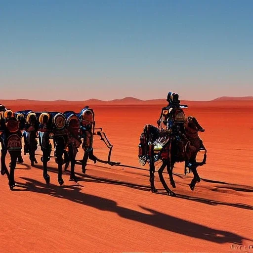 A caravan of robots walking in line in Sahara by arik roper