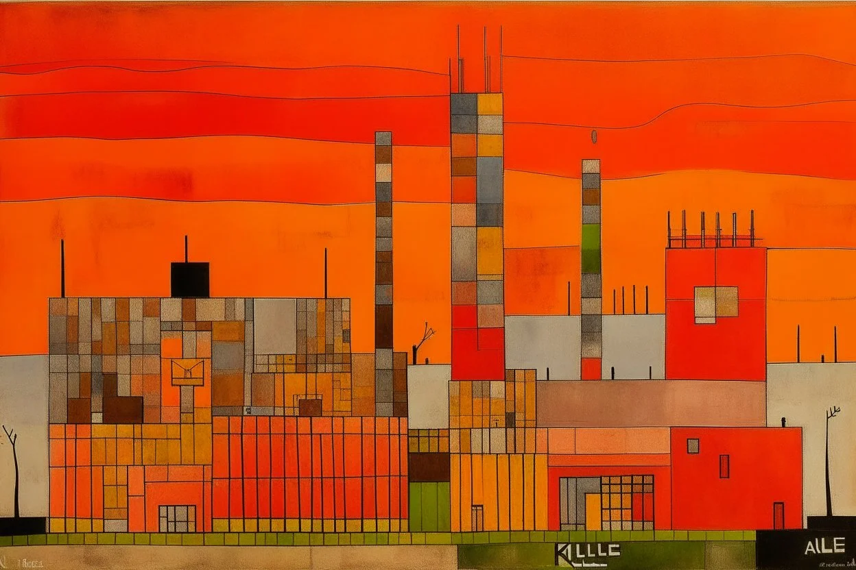 An orange hi-tech factory painted by Paul Klee