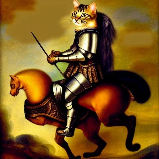 retrato de un gato con armadura montando un Pegaso con estilo de Rembrandt