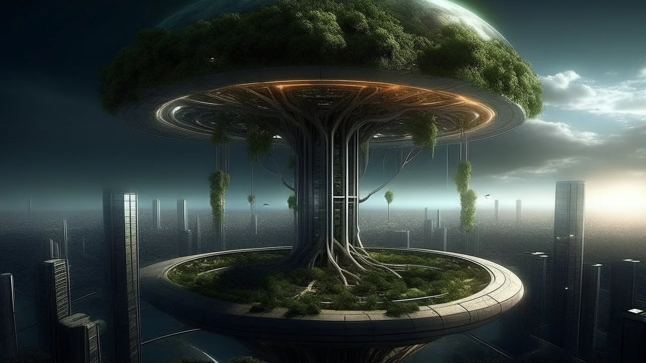 the last tree, city of the future year 4222, portal to space, very realistic,