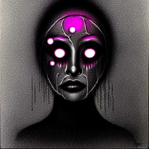 Silver on black paper portrait of female face of migraine, face distorted with pain, reverse colors, screaming, tears streaming from eyes, colorless, glitchcore, dystopian, horror, ultra realist texture, intricate line drawing,