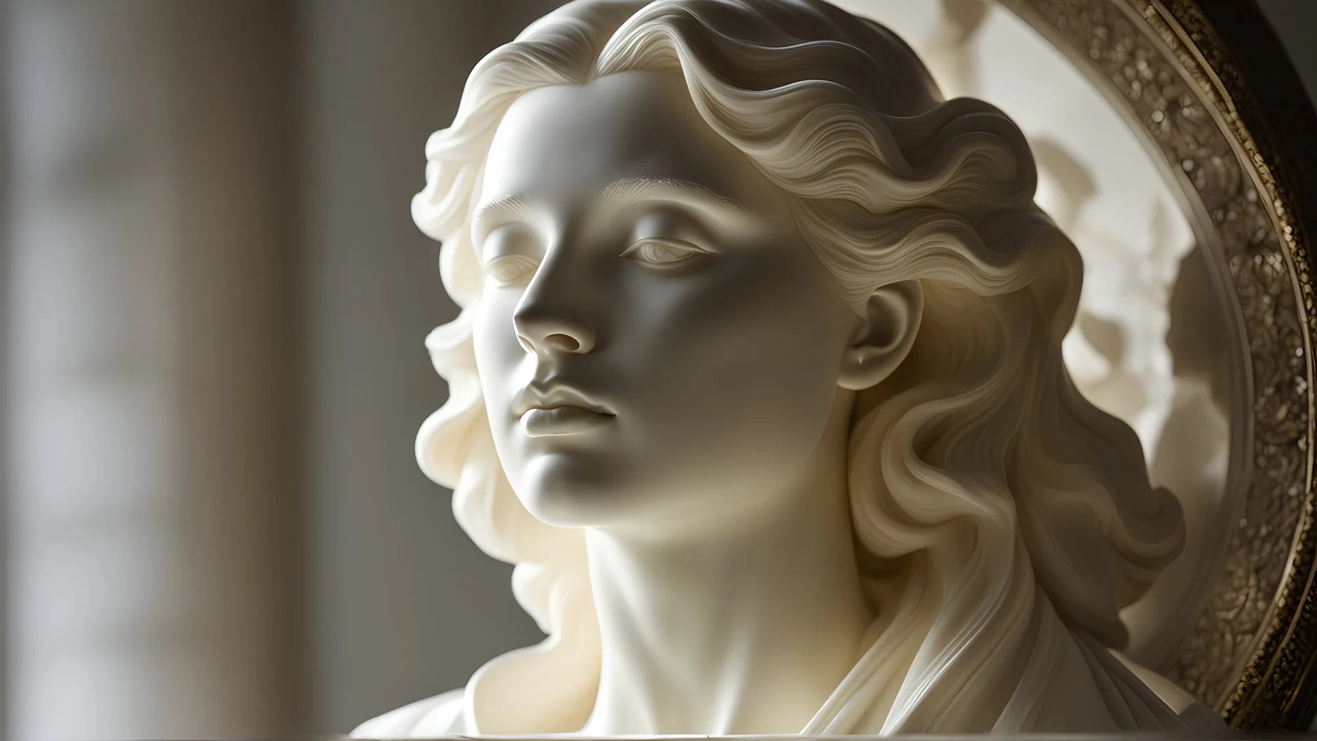 the serene sensuality of subsurface scattering of transluscent alabaster, by Bernini, Lunatic_Portrait photo, dim light, rim light, soft shadows, (dramatic backlighting:1.5)