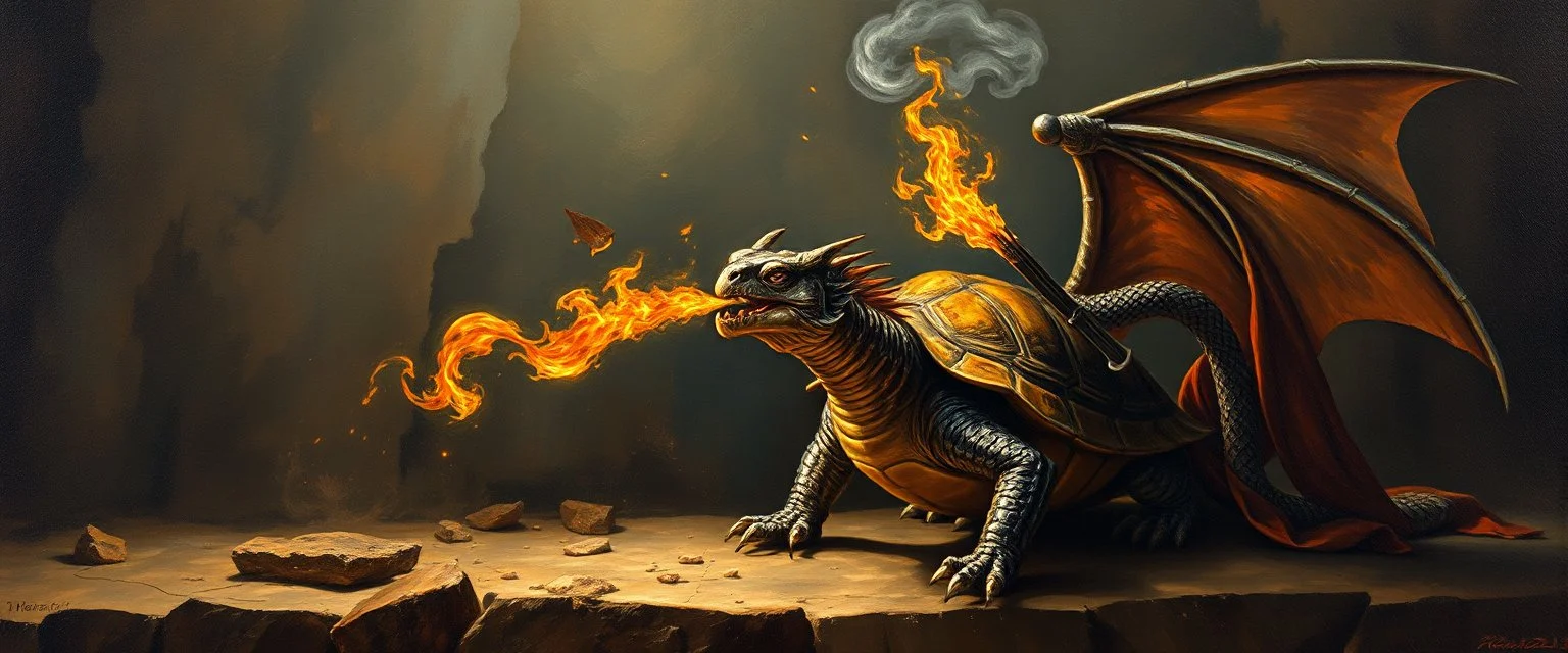 master oil painting by Rembrandt, good afternoon turtle dragon with fire breath, toasting a sad knight