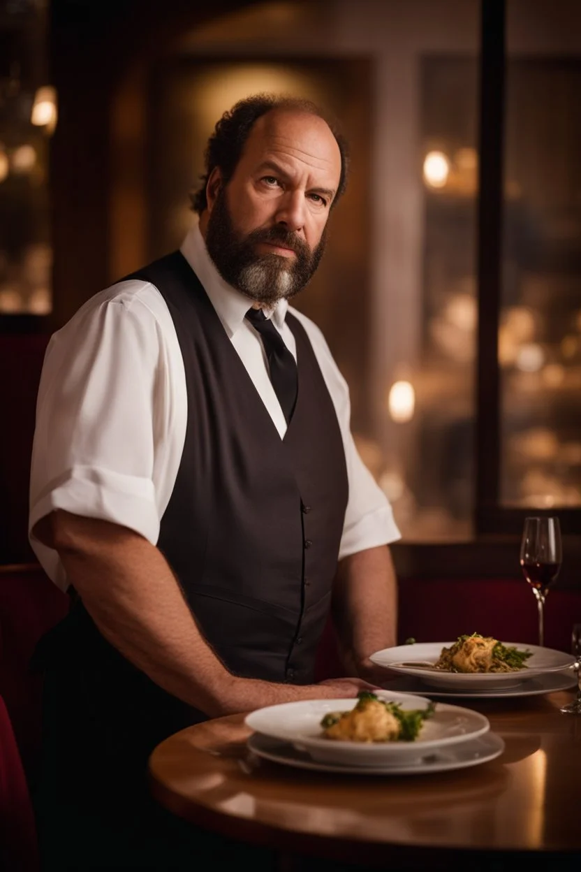 half figure shot photography of a 44 years old serious sicilian waiter in uniform, similar to Bud Spencer, shaved hair, bearded chubby man with hands in the pockets, in an elegant empty restaurant, bulge, bullneck, manly chest, unshaved, short hair, photorealistic, dim light , side light, view from the ground