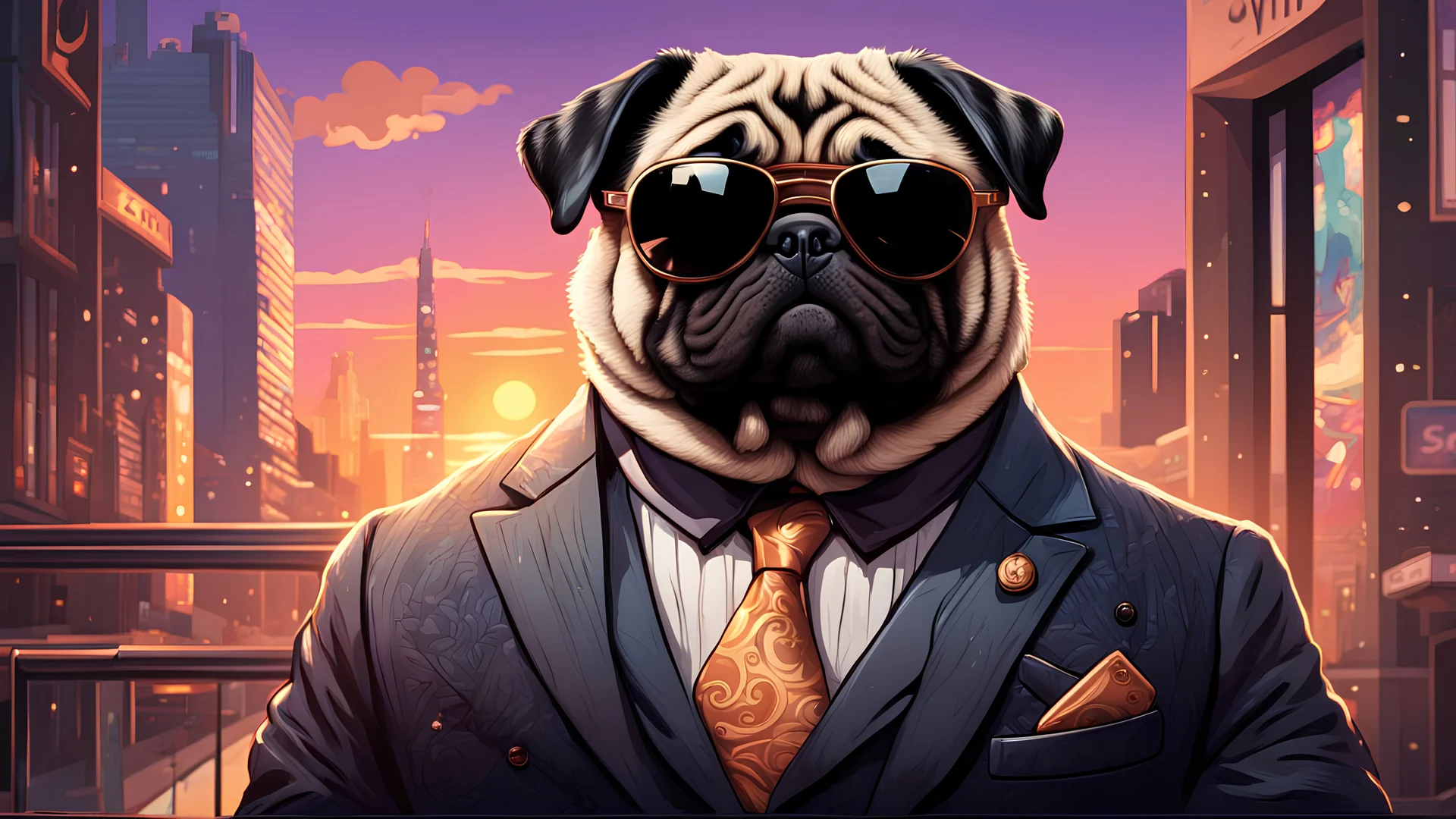 a suave bounty hunter pug with black sunglasses and a suit outside a club. sunset. intricate details. Big glass city background.