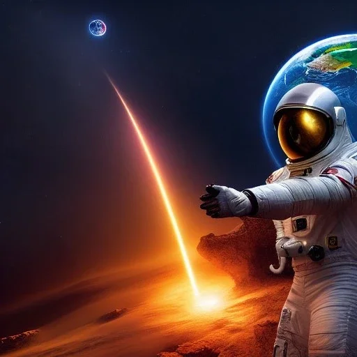 hyper-realistic astronaut with Earth exploding in background, 8k resolution, high-quality, fine-detail, detailed matte, intricate, 3D octane render, illustration, digital art, brian froud, howard lyon, anna dittman, greg rutowski,