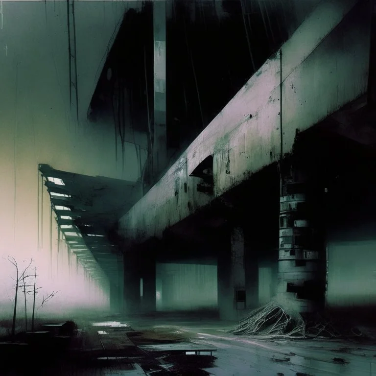 Dark Contemporary abstract painting of Lebbeus Woods concrete carpark in a wasteland techno decaying landscape. Hazy foggy night sky. Concrete ground. Exposed twisted concrete and pipes. Style Justin Mortimer and Francis Bacon. Close up