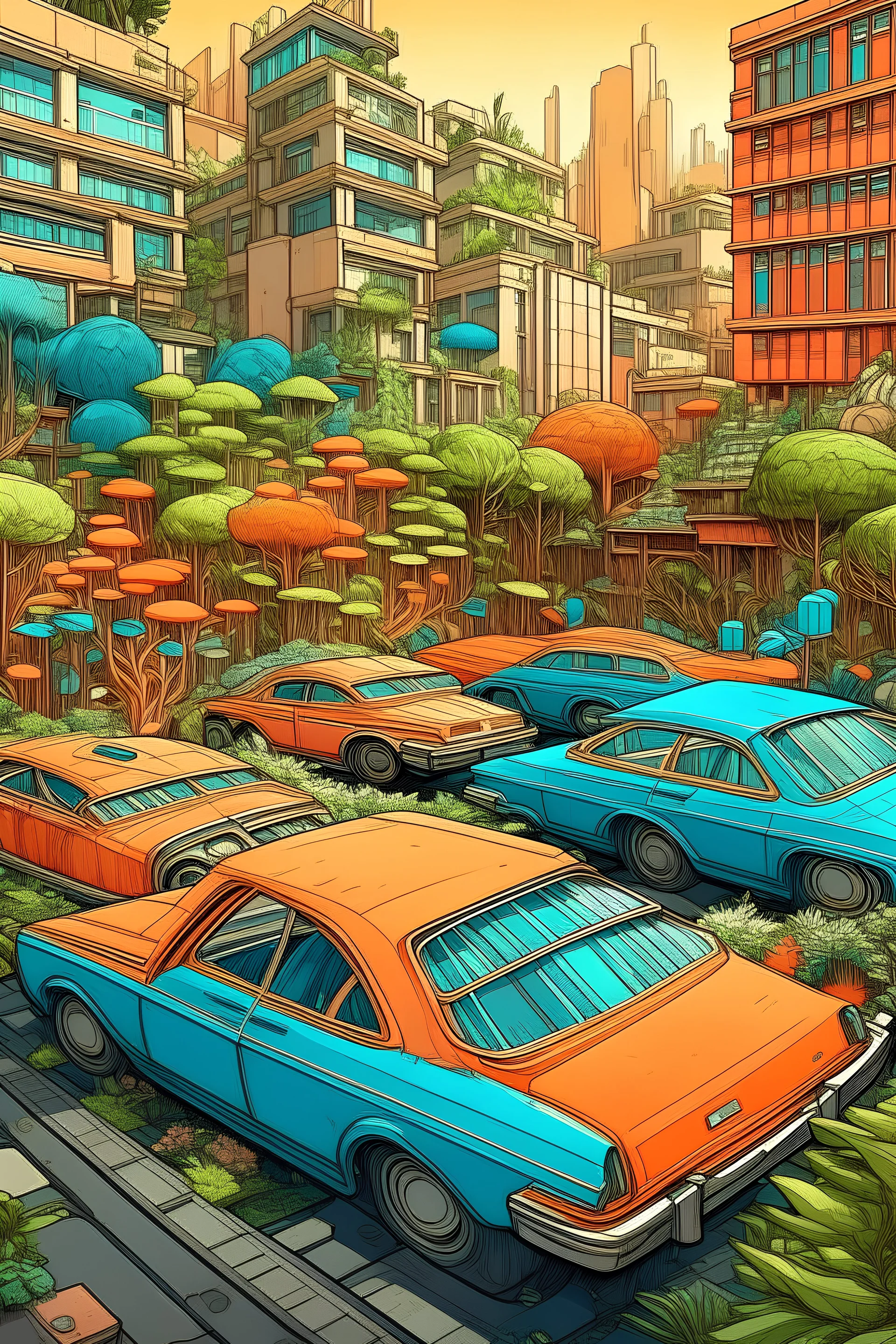 Dream city, color, cars, plants