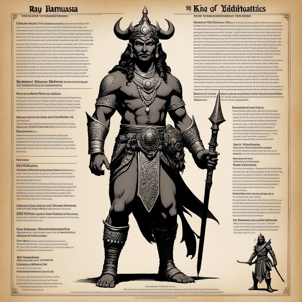 character concept sheet with AD&D statistics and characteristics, [high res photo by Ray Harryhausen for Mahābhārata module B3] a character of Pāṇḍavas class of King: Yudhishthira — Son of Dharma (Yama), the God of Righteousness Epithets: Dharmarāja, Ajātaśatru (“he who has no enemies”) Qualities: Embodiment of truth, justice, and moral integrity. Always acts according to dharma (righteous duty), even when it brings him suffering. Known for his wisdom, calmness, and self-control. Weakness: exces