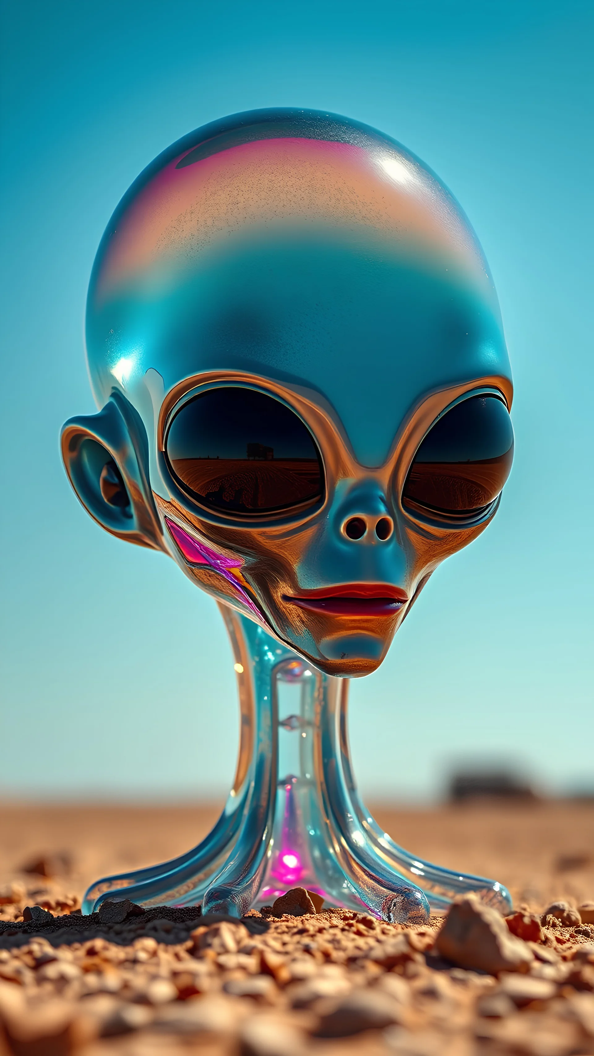 alien menyeramkan berkepala kaca lucu mengkilap jelly plasma glass glossy mengkilap kepalanya, warna surealis full frame zombie and train fractal adalah kaca transparan terbuka tampak otak natural, didalamnya.material glass super clean duduk di tanah kering , pendar matahari langsung