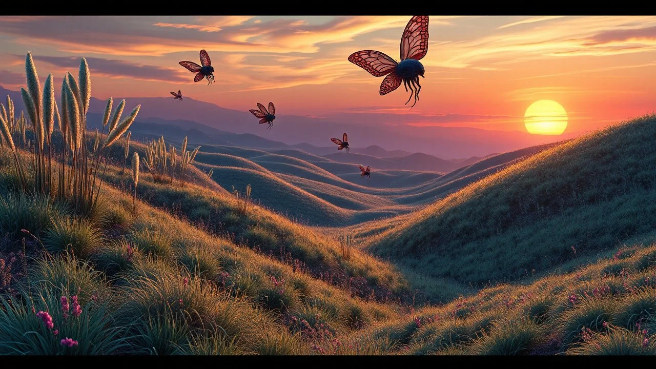 Otherworldly Flora and Fauna: Rolling hills covered with towering alien grasses that shimmer in shades of teal and gold. Strange creatures resembling a blend of butterflies and jellyfish float above the meadows, casting colorful shadows on the ground as the sun sets in a swirl of orange and purple hues.