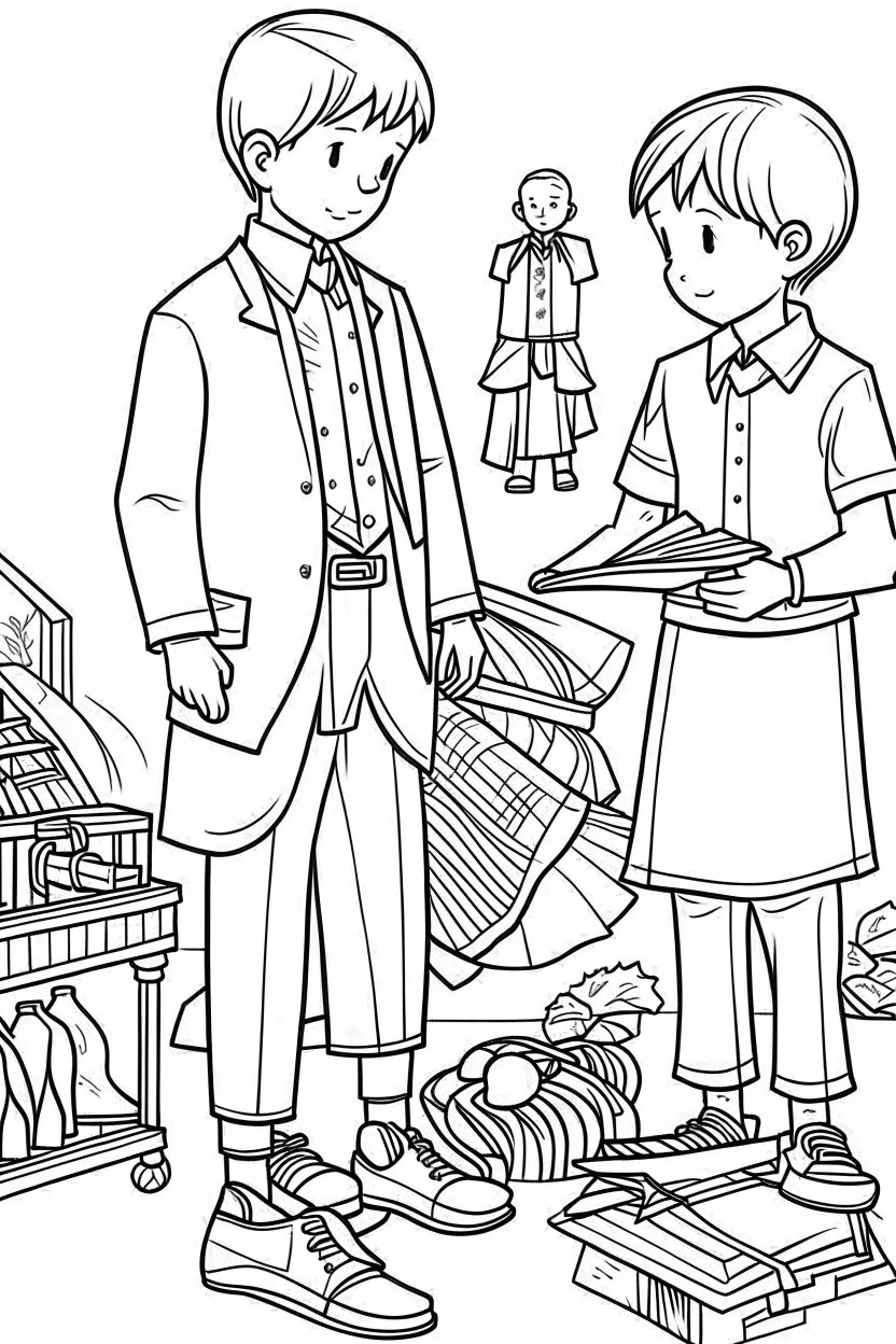 Outline art for coloring page OF 1945 CHURCH CLOTHES FOR BOYS, coloring page, white background, Sketch style, only use outline, clean line art, white background, no shadows, no shading, no color, clear