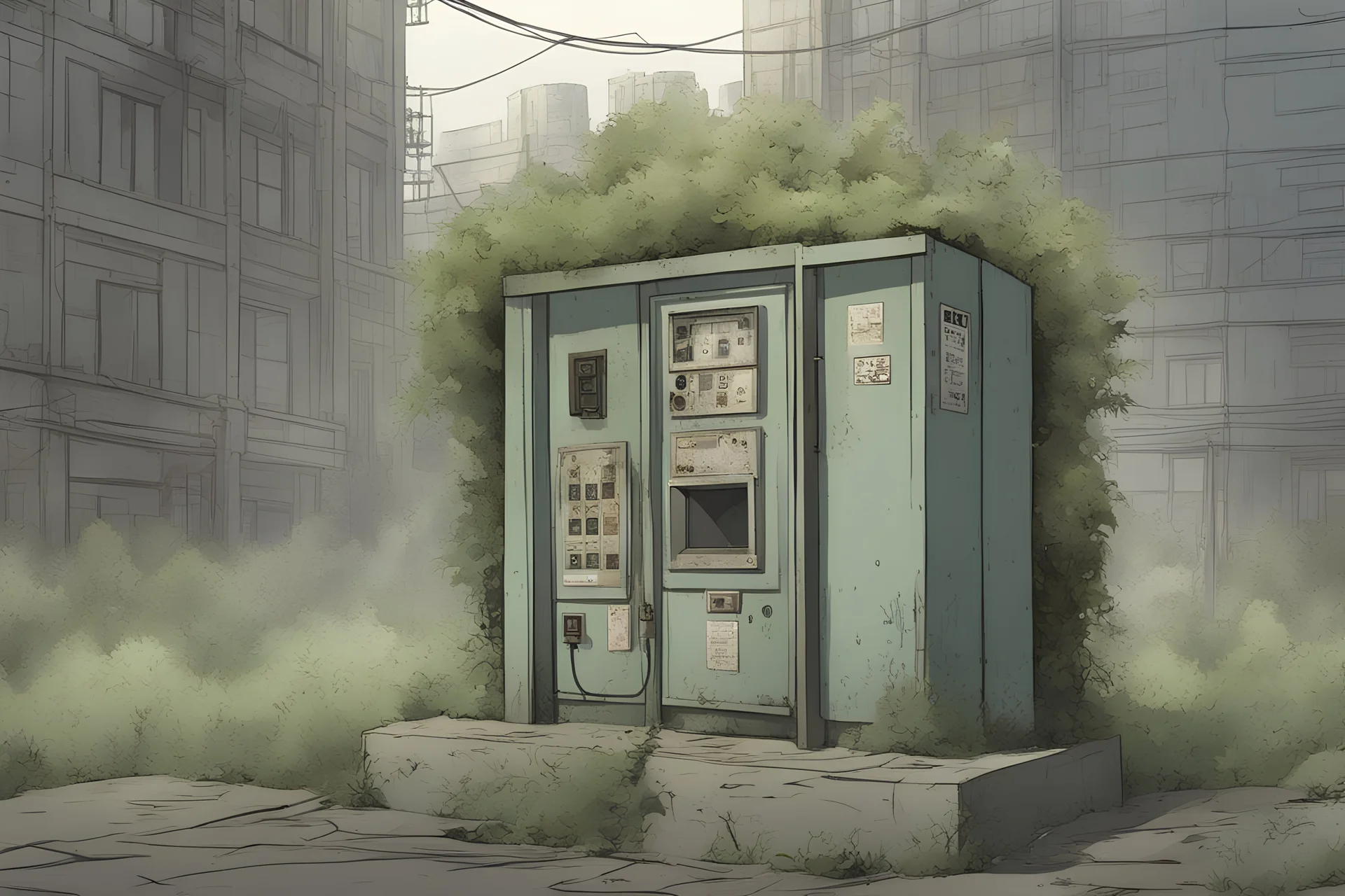 , electrical box, overgrown, post-apocalyptic, comic book, city background