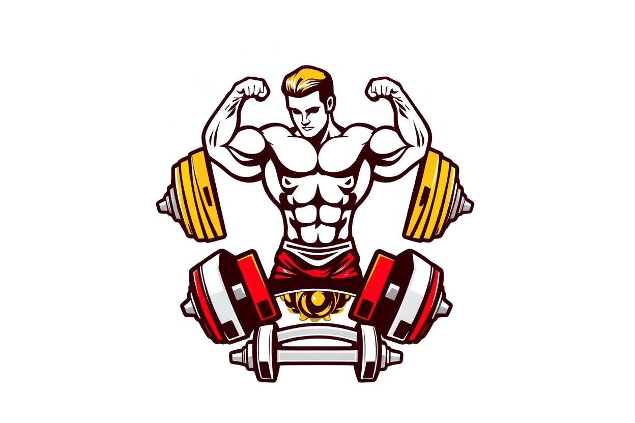 Bodybuilding design for a club with a logo of weights and club equipment below the image and using the symbols of this sport in a white, red, gold and silver color theme.