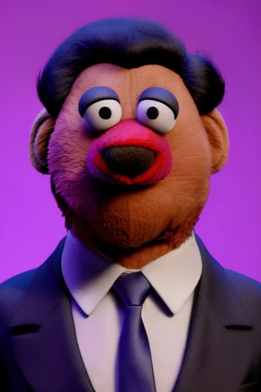 Waist up muppet Portrait, Xi Jinping as muppet doll, black suit and red tie, photo studio, blue background, unreal engine 5, concept art, art station, god lights, ray tracing, RTX, lumen lighting, ultra detail, volumetric lighting, 3d.