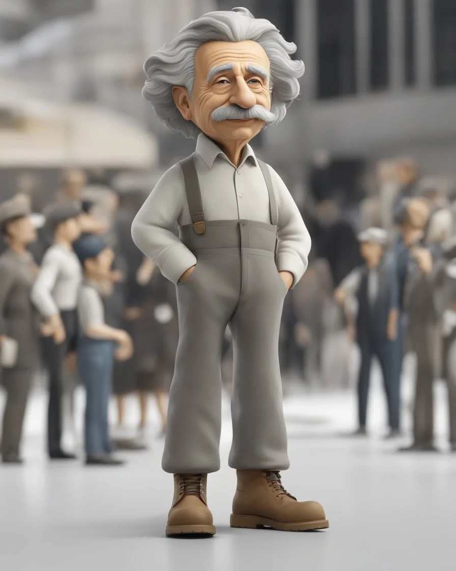 4D cartoon with big head, ultra-realistic details of Albert Einstein dressed in a plain gray long-sleeved shirt, cargo pants, cream-colored boots, hands in pockets, white background