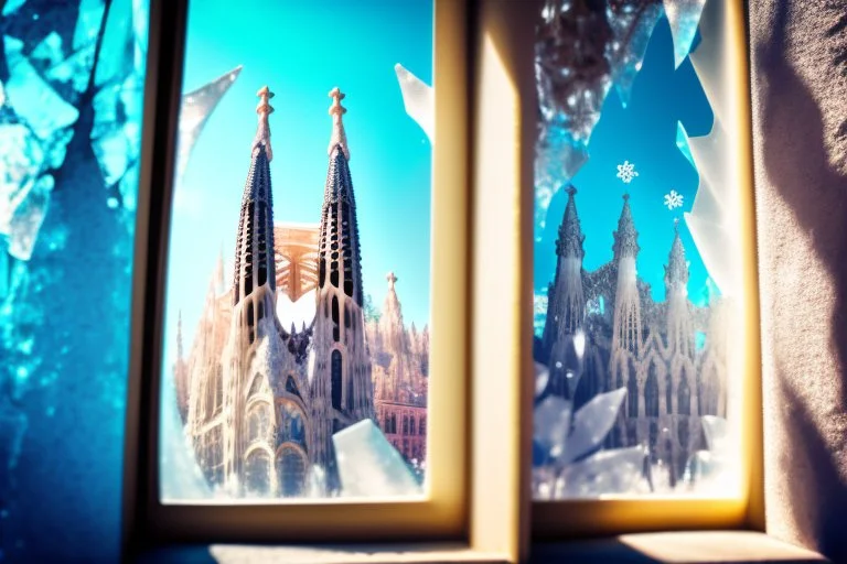 double exposure, sagrada familia barcelona, ice flowers on a window in sunshine, backlit, ethereal, cinematic postprocessing, bokeh, dof