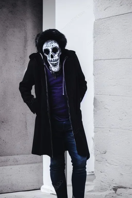 man in white skull mask wearing dark black and purple coloristic coat