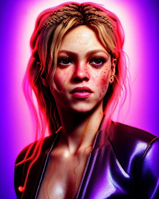 portrait, Shakira, blonde artist, Realistic image, drinking a strawberry milkshake, gold line make-up, sweat, fog, goddess style, Neon colors, leds. Black background, photo studio, concept art, smooth, unreal engine 5, god lights, ray tracing, RTX, lumen lighting, ultra detail, volumetric lighting, 3d, finely drawn, high definition, 4k.