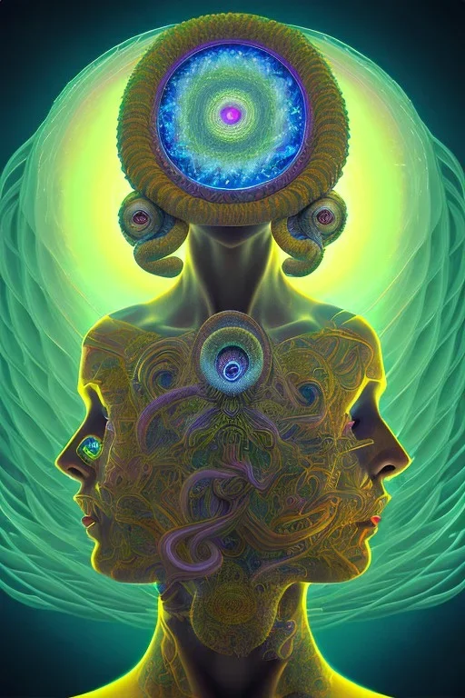 Spiritual being with Tentacles over human Head creating reality around, wrapping Spiral around Human, Psychedelic