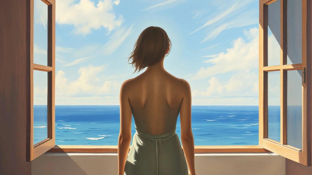 Painting of a female figure that blends into the background, standing in front of a window overlooking the sea and sky.