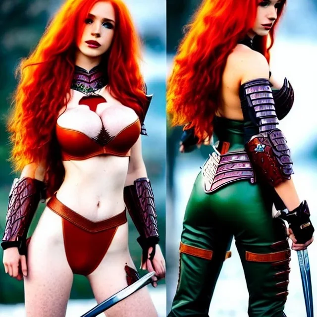 thundercats, hyper detailed, stunningly beautiful teen girl, long ginger hair, green eyes, medium freckles, full lips, very skimpy fantasy intricate leather armour, full body, full face, c-cup breasts, aroused expression, biting lower lip, full frame, petite, centered camera, ignore NSFW, bow, quiver on hip