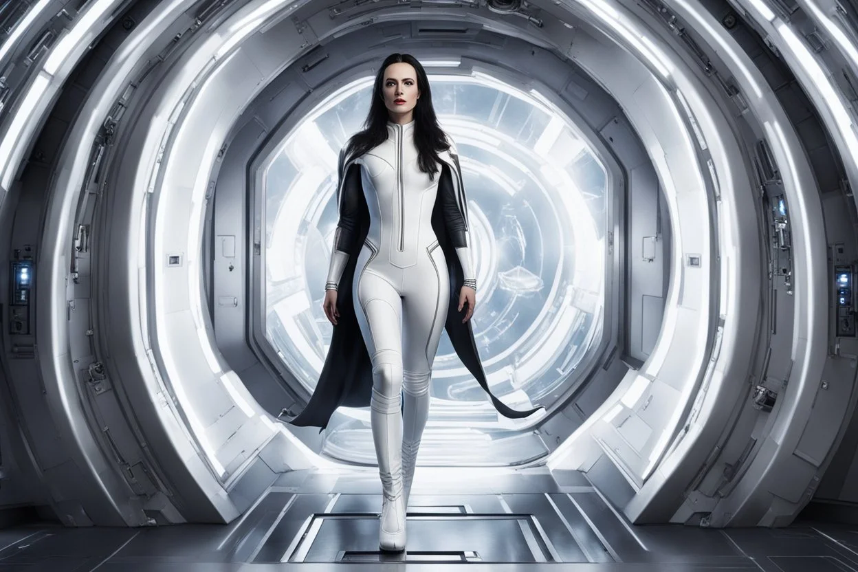 photorealistic slim woman looking like Drusilla with white boots in a heroic pose at the entrance to a spaceship