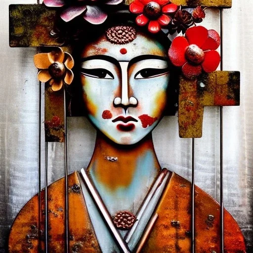 an abstract painting of rusted metal and flowers, Geisha portrait, rust, scaffolding, iron cladding, decay, mixed media, textured, anatomically correct, beautiful perfect face, sharp focus, highly detailed