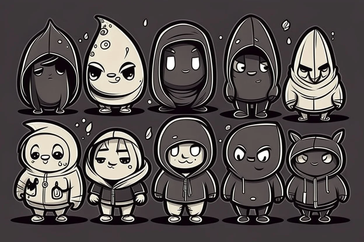 6 simple shaped hand drawn cartoon characters that are cute dark and have hoodies