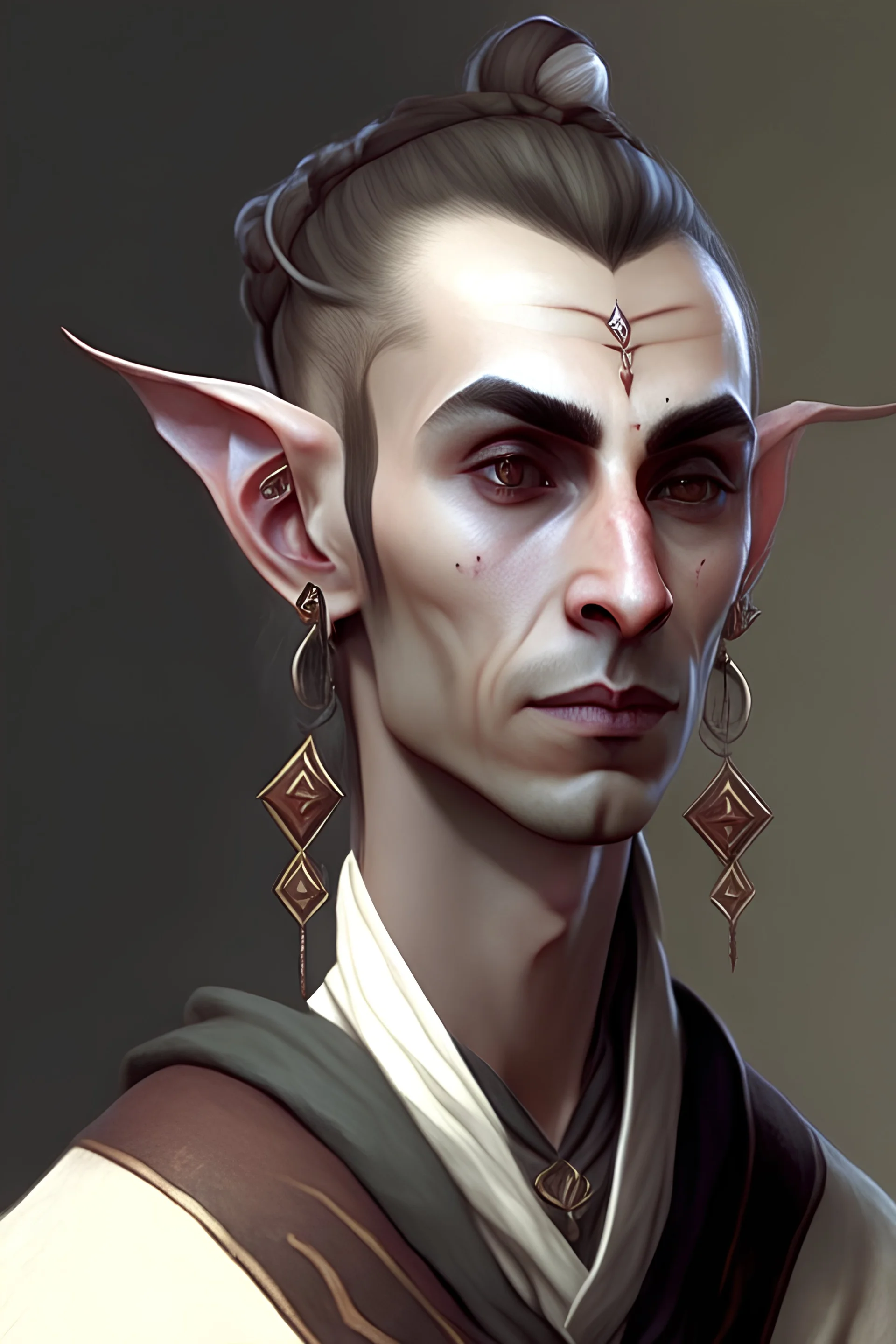 Half elf in spellguard robes with a long top knot and he has earrings and eyebrow rings