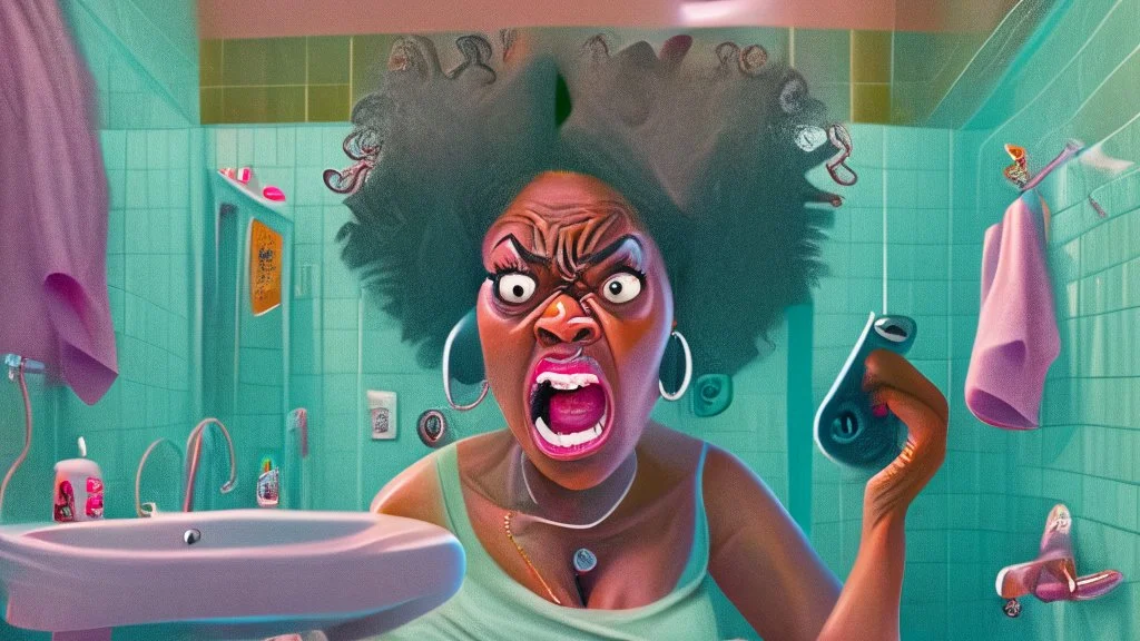 angry black lady on the phone in the bathroom near sink